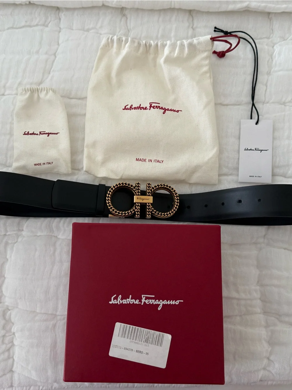 Salvatore Ferragamo Black Leather Belt with Gold Braided Double Gancini Buckle